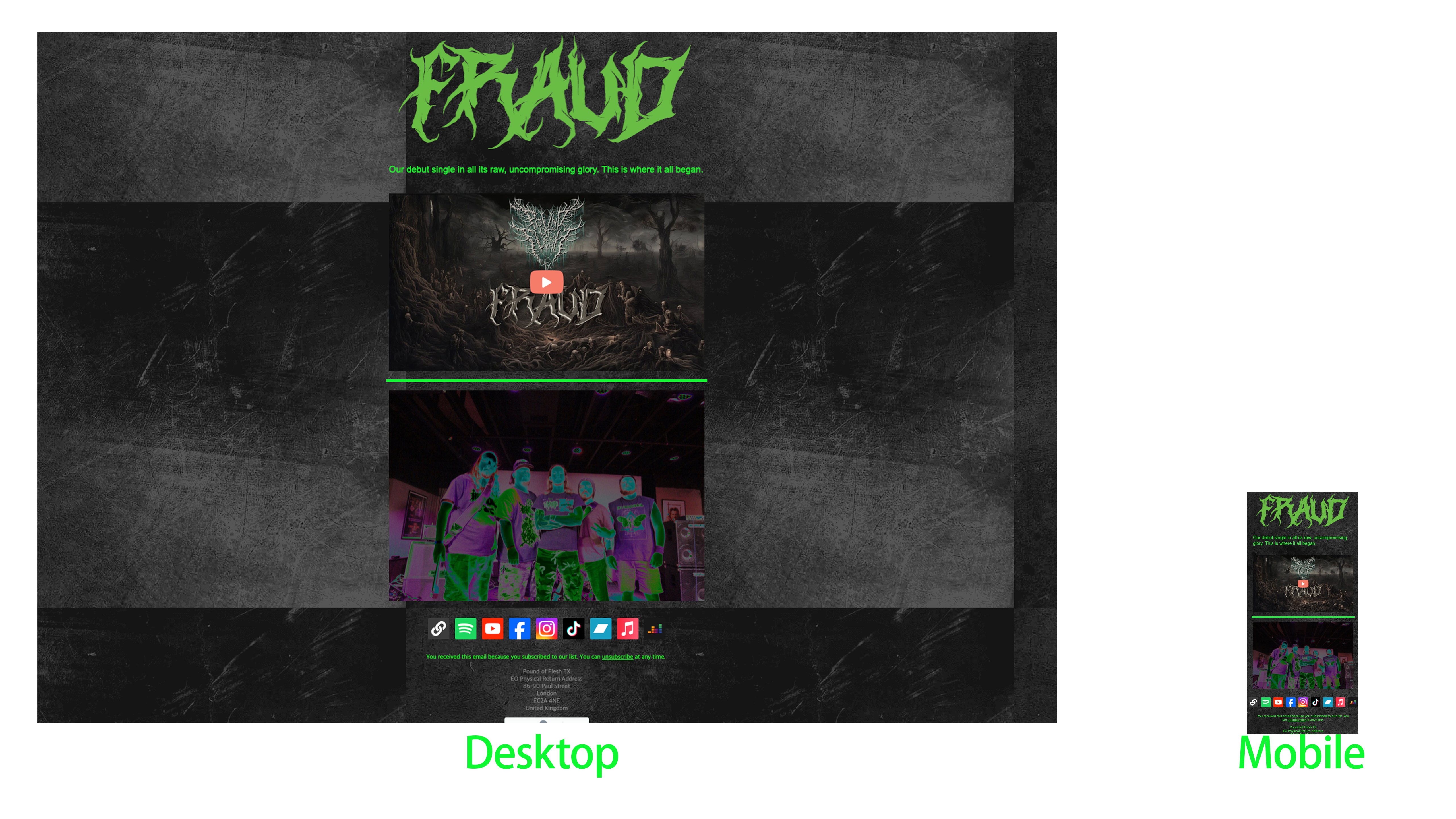 Featured single section including the lyric video of Fraud. Band images and links.
